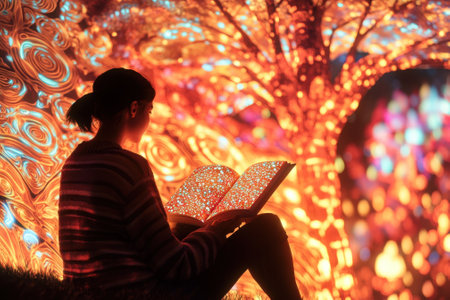 A person enjoys reading a book in a park filled with bright, colorful lights during nighttime.の写真素材