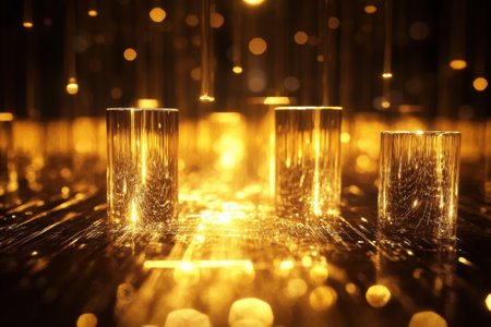 Golden metallic cylinders stand amidst a glowing backdrop, creating a mesmerizing display of light and reflections.の写真素材