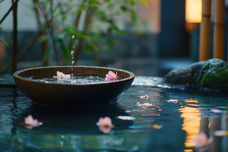 A tranquil garden features a stone water basin with serene ripples and delicate flowers floating on the surface.の写真素材