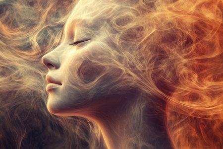 A serene profile of a woman with flowing hair enveloped in soft, golden wisps, exuding tranquility and warmth.の写真素材
