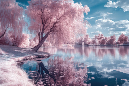 Soft pink trees surround a tranquil lake, with fluffy clouds casting shadows in the afternoon light.の写真素材
