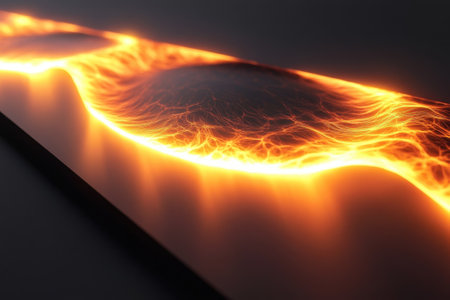 A glowing orange wave of energy undulates along a dark surface, creating an intriguing visual effect.の写真素材