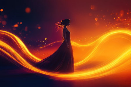 A woman in a flowing dress stands surrounded by luminous swirls of light against a sunset backdrop.の写真素材