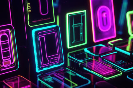 Colorful neon outlines of various smartphone designs glow against a black backdrop, showing creativity in technology.の写真素材