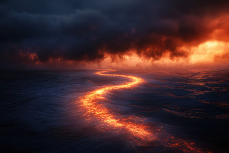 Glowing lava flows into the ocean, creating steam and illuminating dark clouds as the sun sets.の写真素材