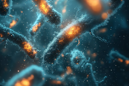 Bacteria glow in vibrant colors while floating in a dark aquatic environment, showing bioluminescence.の写真素材