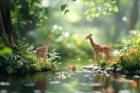 Two giraffes stand near a calm pond, with a playful calf in the water, surrounded by lush foliage.の写真素材