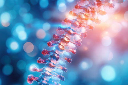 A detailed view of a human spine gleaming under colorful light, representing anatomical beauty.の写真素材
