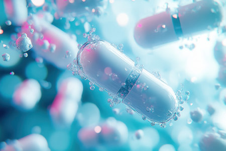 Floating capsules in a vibrant blue and pink atmosphere surrounded by shimmering bubbles create a dynamic effect.の写真素材