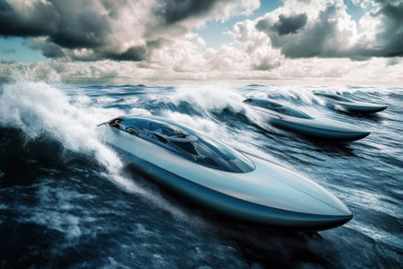 Four sleek speedboats navigate choppy waves, creating splashes against a backdrop of dark clouds.の写真素材