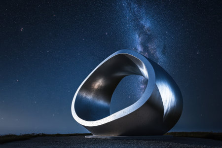 A modern sculpture stands in an open field, illuminated by the brilliance of the starry night sky.の写真素材