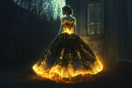A woman in a stunning gown radiates golden light against the backdrop of an aged structure at dusk.の写真素材