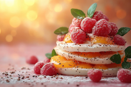 A stack of creamy dessert topped with raspberries, oranges, and mint leaves, beautifully arranged and vibrant.の写真素材