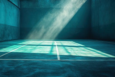 Soft rays of sunlight filter through, spotlighting the quiet indoor tennis court at dawn.の写真素材
