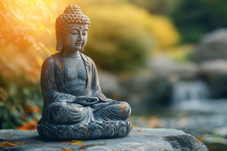 The Buddha statue sits peacefully among lush greenery and colorful autumn leaves near a gentle stream.の写真素材