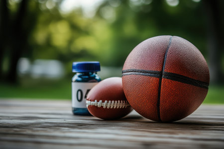 A classic orange basketball and a brown football sit next to a bottle outdoors on a wooden table.の写真素材