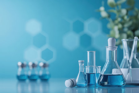 Various glass laboratory vessels filled with blue solutions set against a soft blue background.の写真素材