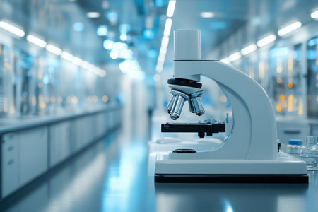 A well-lit laboratory features a microscope, indicating ongoing scientific research activities.の写真素材