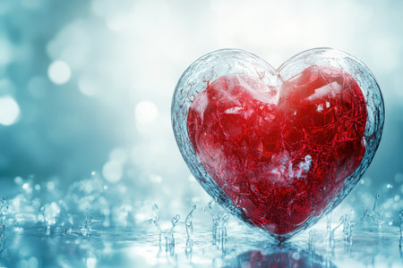 A heart-shaped object with a red center sits on a shiny surface, illuminated by gentle blue light.の写真素材