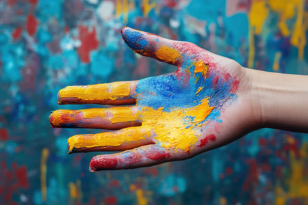 A hand with vibrant blue, yellow, and orange paint shows creativity against a colorful backdrop.の写真素材