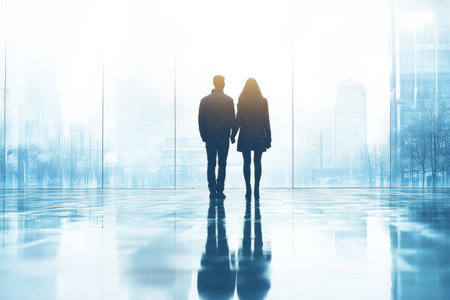 Two individuals hold hands while walking towards a bright cityscape shrouded in mist.の写真素材