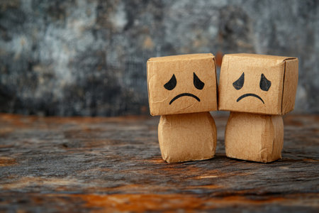 Two small cardboard figures with frowning faces stand close together on a weathered wooden surface.の写真素材