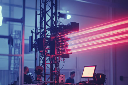 Multiple laser beams are projected from high-tech equipment during a technology showcase in a lab setting.の写真素材