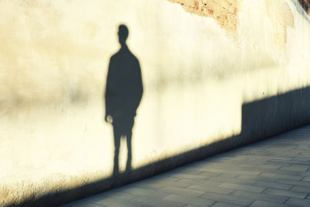 A solitary figure casts a long shadow on a textured wall, illuminated by warm afternoon light.の写真素材