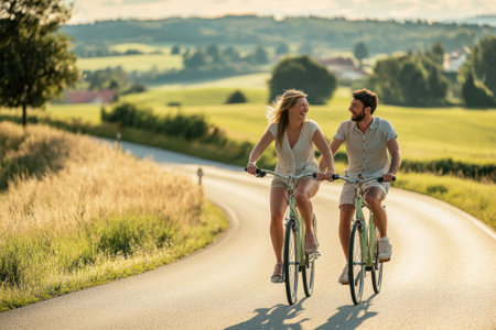 A couple rides their bicycles together along a beautiful road surrounded by lush green fields.の写真素材