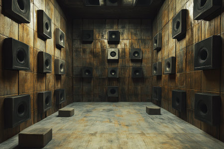A unique soundproof room features numerous speakers mounted on walls, creating a specialized acoustic environment.の写真素材