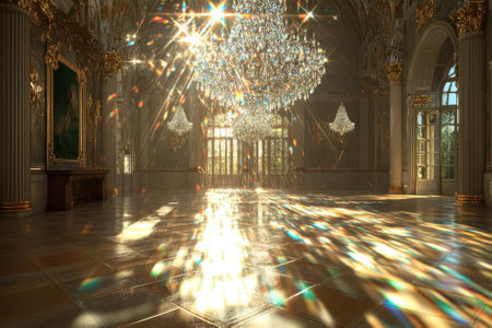 Luxurious hall features multiple chandeliers, sunlight creating rainbow reflections on the floor.の写真素材