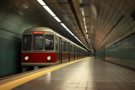 A red and cream train approaches a quiet underground station with tiled walls and empty platform.の写真素材