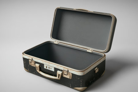 An old suitcase sits open, showing its spacious but empty interior, hinting at past travels and adventures.の写真素材