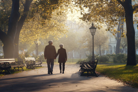 An elderly couple walks hand in hand along a tree-lined path, surrounded by vibrant autumn leaves and soft mist.の写真素材