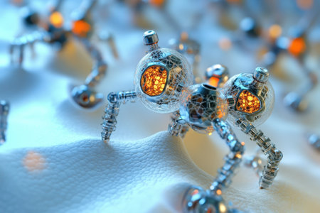 Detailed view of advanced nanobots moving across a textured surface, showing their design and activity.の写真素材