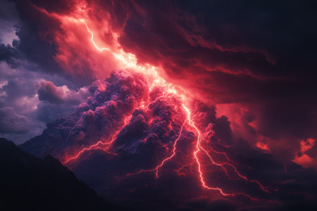 A dramatic display of lightning dances over a volcano erupting lava and ash into a dark, stormy sky.の写真素材