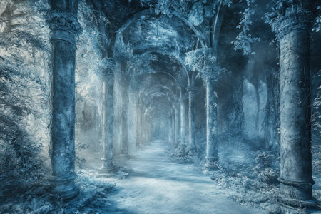 An enchanting corridor lined with weathered columns is shrouded in a soft mist, surrounded by lush greenery.の写真素材