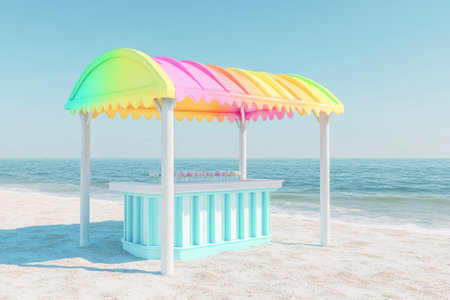 A vibrant beach hut with a rainbow roof stands on soft sand next to the calm ocean waves under a clear blue sky.の写真素材