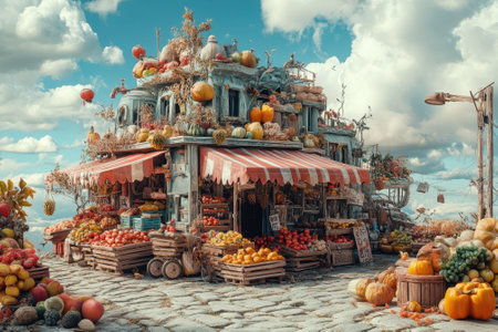 A vibrant market overflowing with fresh produce, pumpkins, and colorful decorations in a charming village.の写真素材