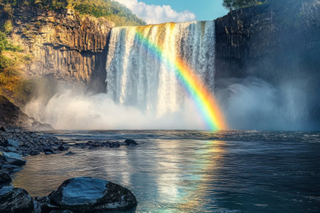 A powerful waterfall cascades down rocky cliffs, creating a colorful rainbow over calm waters in bright sunlight.の写真素材
