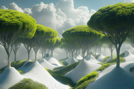 Beneath a bright sky, lush trees grow on rolling terrain, surrounded by soft clouds and vibrant greenery.の写真素材