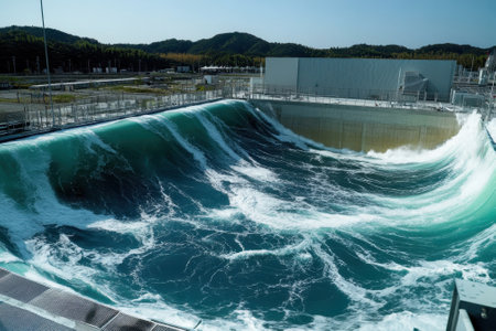 A massive wave crashes into an artificial surf pool at a training facility in Japan under clear skies.の写真素材