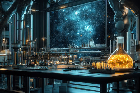 A high-tech laboratory illuminated by glowing experiments has a stunning view of a starry cosmos outside.の写真素材