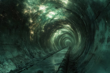 An underground tunnel features a glowing, swirling light, creating an otherworldly atmosphere in the dark.の写真素材