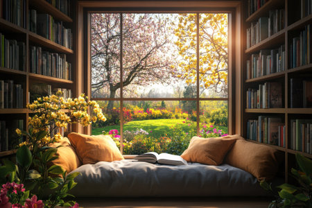 Sunlight streams through a large window, illuminating a comfortable reading corner surrounded by blooming flowers.の写真素材