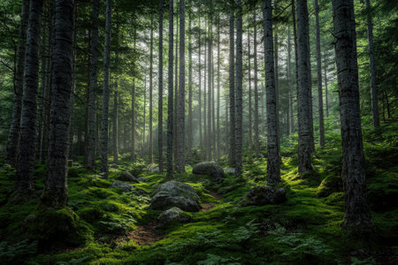 A peaceful forest features tall trees and lush greenery, with soft sunlight illuminating the mossy ground.の写真素材