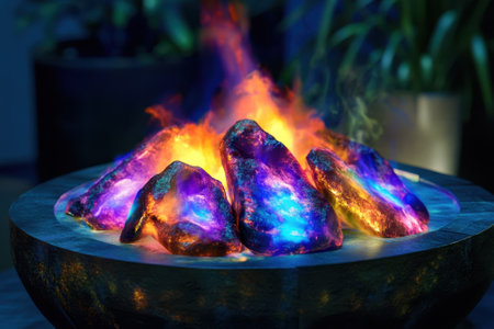Brightly colored stones emit vibrant flames in a decorative outdoor setting at night, creating a magical atmosphere.の写真素材