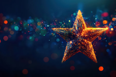 A vibrant star constructed from shimmering light particles glows brightly amid a dark blue backdrop.の写真素材