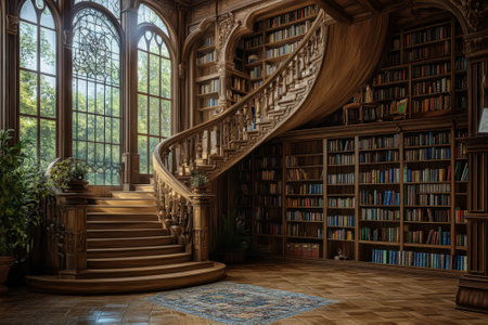 Bright natural light filters through large windows illuminating a beautiful library with a wooden staircase.の写真素材