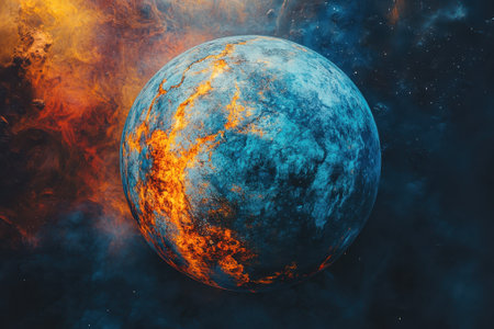 A vibrant planet is illuminated, surrounded by colorful cosmic clouds and distant stars in space.の写真素材